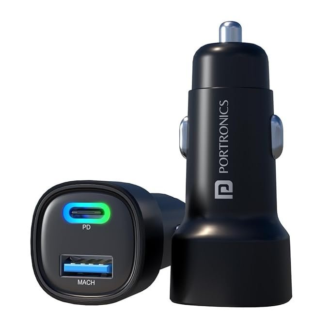 Portronics 30W Dual Fast Car Charger - Type-C PD & USB (Black)